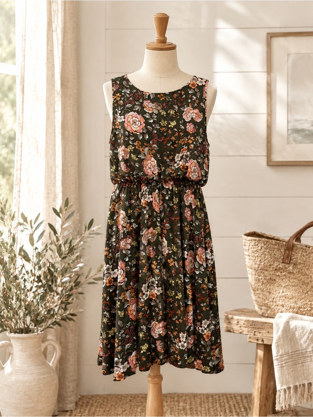 ✨ LOFT Charcoal Gray Floral Sleeveless Midi Dress Size Small Petite ✨